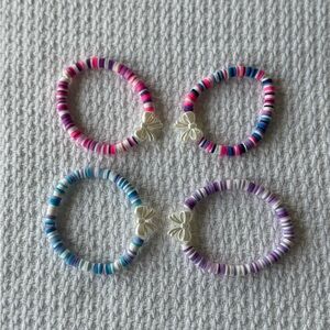 Handmade White Blue Pink Purple Clay Bead Pearl Bows 4 Stretch Bracelet Set